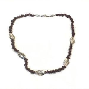 Sterling Silver Leaf Design & Garnet Gemstone Beaded Necklace 22" Long